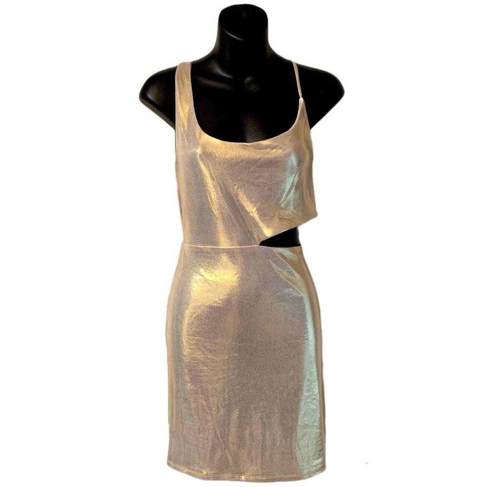 Crystal Doll Gold Shimmer Metallic Side Cut Out Mini Dress Size M New with Tags